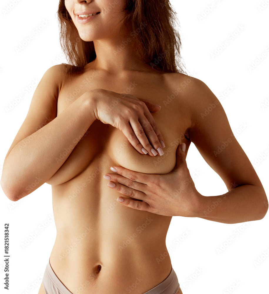 Fototapeta premium Woman covering chest with hands on transparent background. Concept of body awareness, self-examination, feminine health support, comfort, and natural confidence.