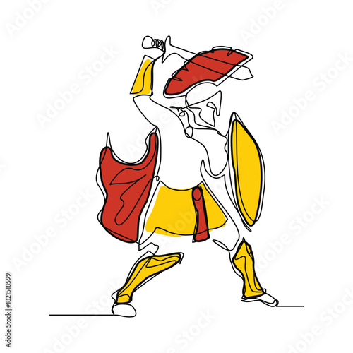 Continuous line sketch drawing of knight warrior sparta armor protection. Single line art of ancient military soldier armor greek roman editable stroke vector illustration