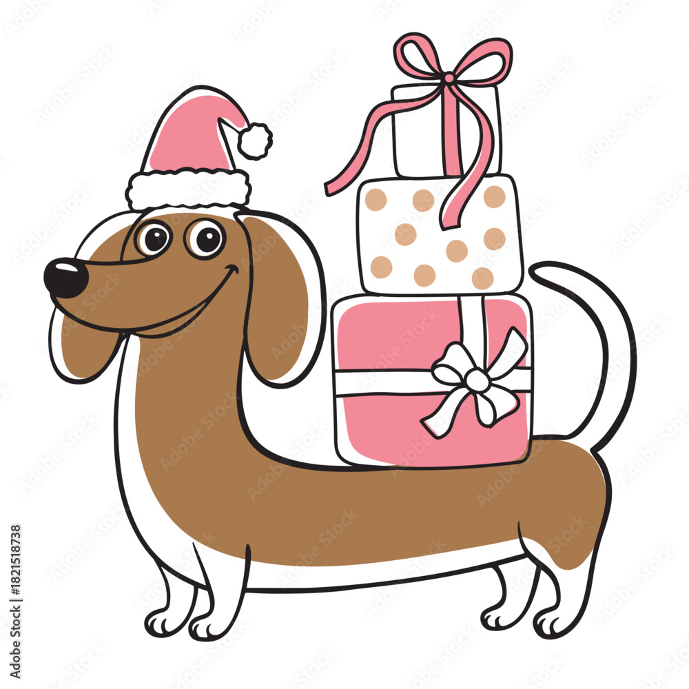 Naklejka premium Cute Cartoon Dachshund Carrying Stacked Christmas Gifts And Wearing A Santa Hat In A Festive Holiday Scene. Illustration