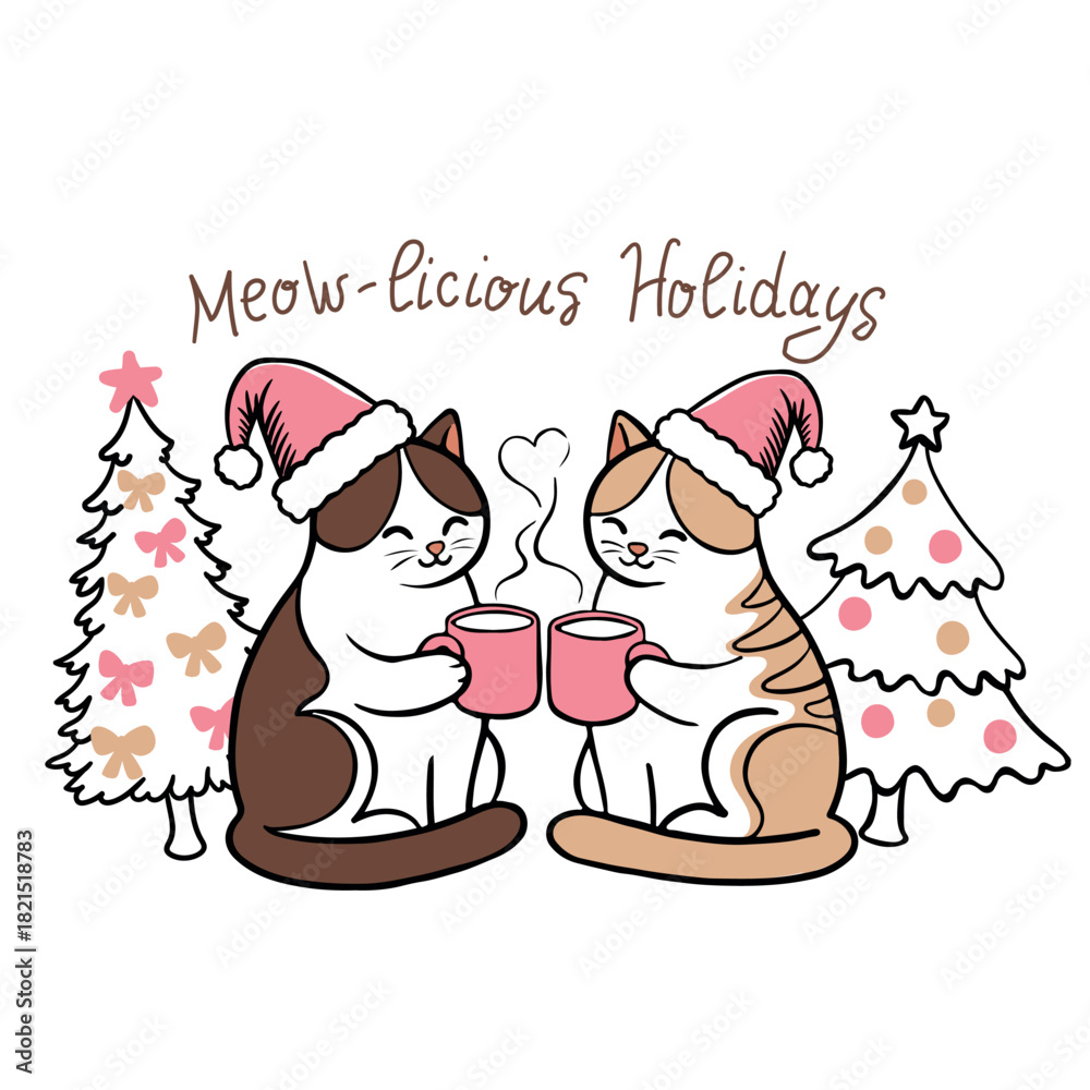 Fototapeta premium Cute Cats Wearing Santa Hats Drinking Hot Cocoa Beside Decorated Christmas Trees In A Cozy Holiday Scene. Illustration