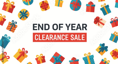 Stylized End of Year Clearance Sale Banner with Colorful Gift Boxes and Bold Promotional Text