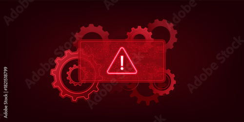 Technology Alert System Background with Warning Icon and Gear Mechanism, Error Detection, System Failure Notification, Cyber Threat and Malfunction Concept