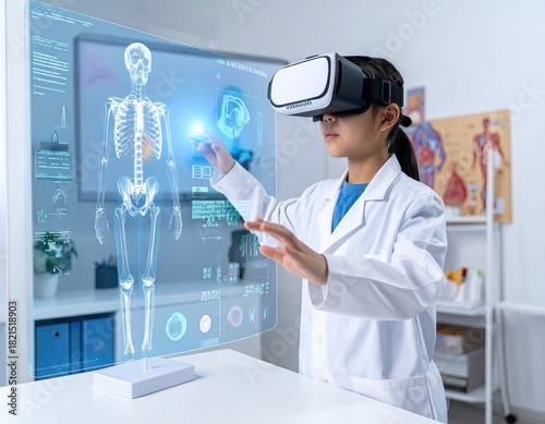 Young Girl in White Coat Uses VR Headset for Interactive Anatomy Study