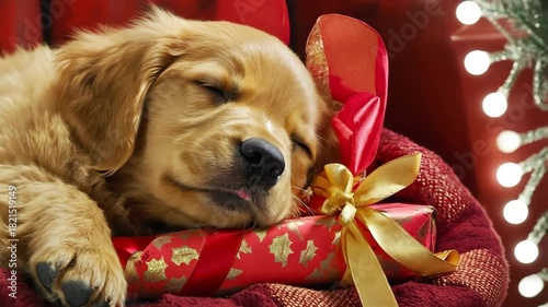 Cute puppy sleeping on a Christmas gift in a cozy home setting. Seamless looping 4k video animation background