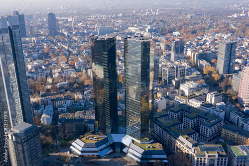 Aerial view of skyscrapers at financial district of German city of Frankfurt seen from Main Tower rooftop on a sunny autumn day. Photo taken November 22nd, 2025, Frankfurt am Main, Germany.