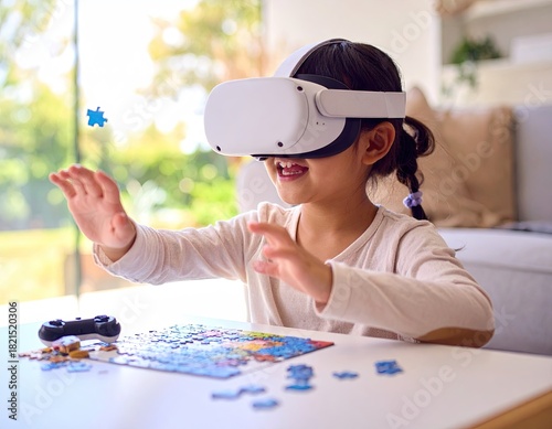 Young Girl Wearing VR Headset Interacting with Virtual Puzzle
