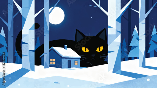 Illustration Of A Stylish Winter Cabin In A Snowy Forest With A Big Black Cat Vector Design Template