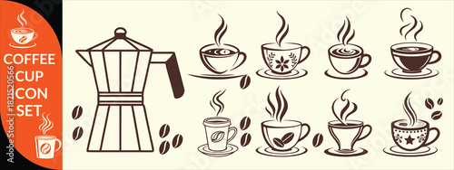 Coffee cup icon. Set of vector cups with coffee. Coffee cup logo. big coffee set design .