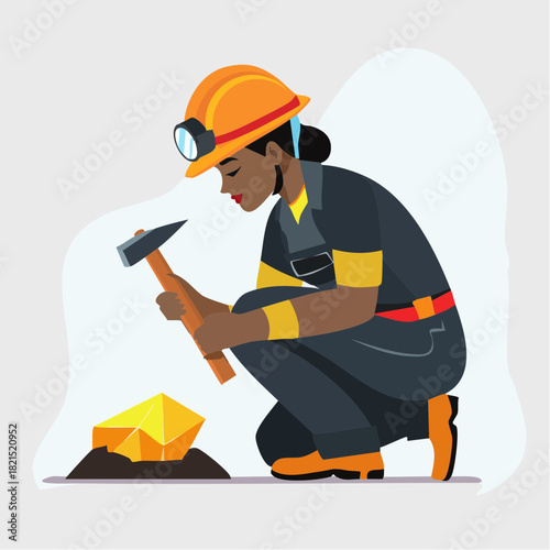 Female miner carefully examines newly discovered gold nugget in underground mine, showcasing the thrill of discovery and the hard work of mining.