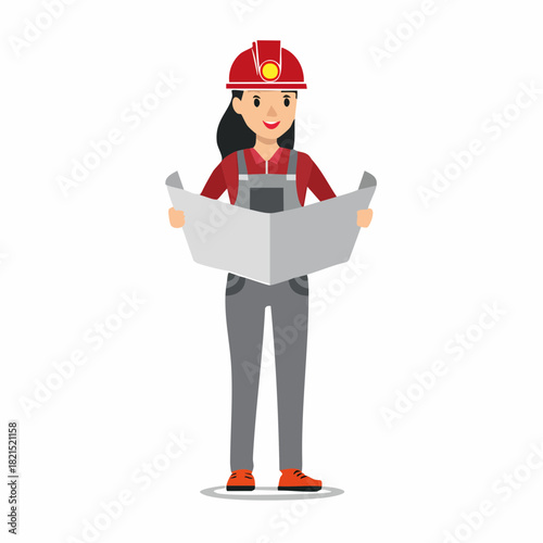 Smiling female construction worker reviewing blueprints on a job site, showcasing her expertise and dedication to the project with a focused and determined expression.