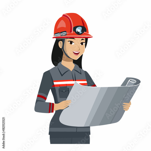 Smiling female engineer examines blueprints at construction site wearing hard hat and uniform, showcasing her expertise and dedication to the project.