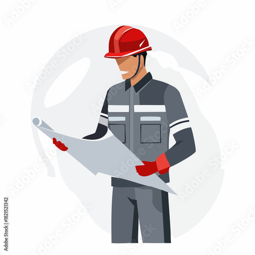 Construction worker reviewing blueprints on a building site, wearing a hard hat and gloves, showcasing the planning phase of a modern project.