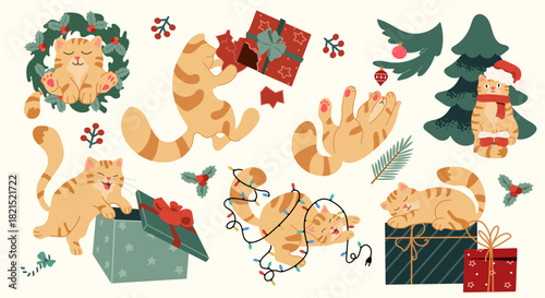 Vector collection of Christmas cat characters playing with festive decorations. Funny winter holiday animals set for design.