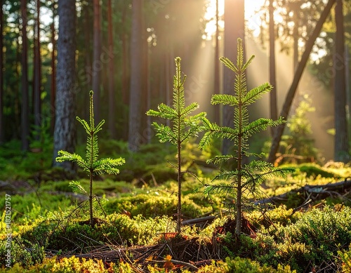 Young Green Saplings Glistening in Morning Sunlight Forest Floor Covered with Moss Trees and Sunbeams