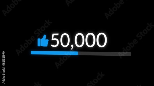 Social media like counter animation increasing smoothly from zero to one hundred thousand on black background