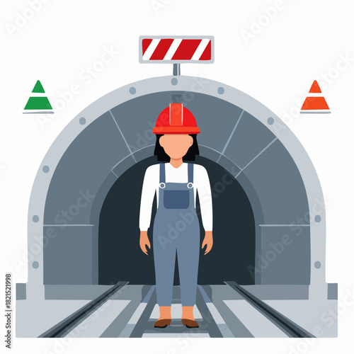 Female miner standing at the entrance of a mine tunnel wearing a hard hat and overalls, ready to start her shift with determination.