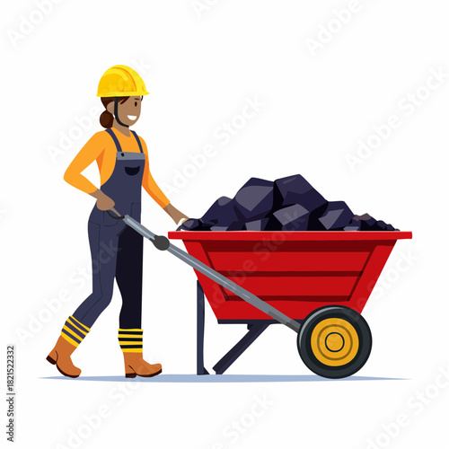 Smiling female miner pushing wheelbarrow full of coal in mine, showcasing hard work and determination in challenging industrial environment.