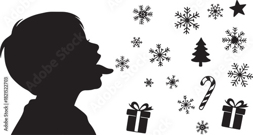 Winter Joy Child Silhouette Catching Snowflakes Christmas Symbols Illustration