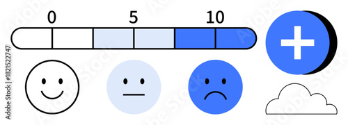Feedback concept. Feedback is ed through a rating scale, emotional emotions, and a positive icon. Feedback collection aids in analysis, improvement, and understanding trends. For UX design, surveys