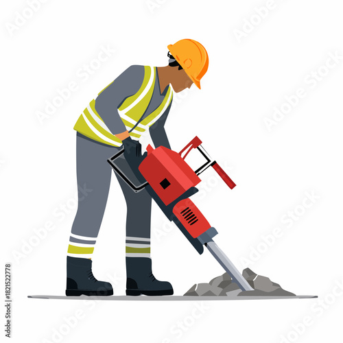 Construction worker operating jackhammer on demolition site, breaking concrete with heavy machinery in a demanding and physically intensive job.