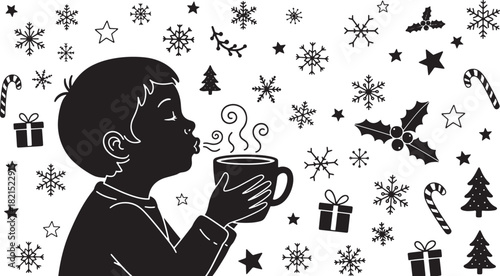 Winter Hot Chocolate and Boy Black and White Doodle Design