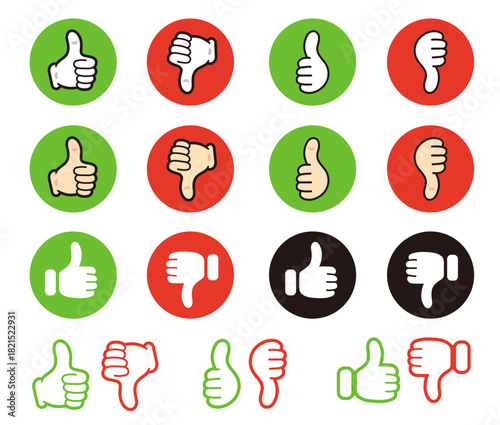評価のマーク。親指を立てたアイコン、親指を下げたアイコン。漫画風のグッドサイン。