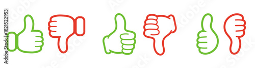 評価のマーク。親指を立てたアイコン、親指を下げたアイコン。漫画風のグッドサイン。