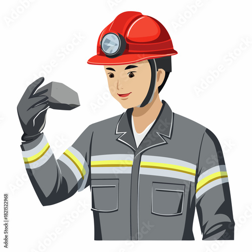 Miner inspecting a rock sample in an underground mine, carefully examining the mineral composition with a focused and professional demeanor.