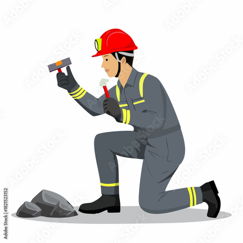 Miner carefully examines rock sample with hammer and light in underground mine, showcasing the dedication and precision of the mining profession.