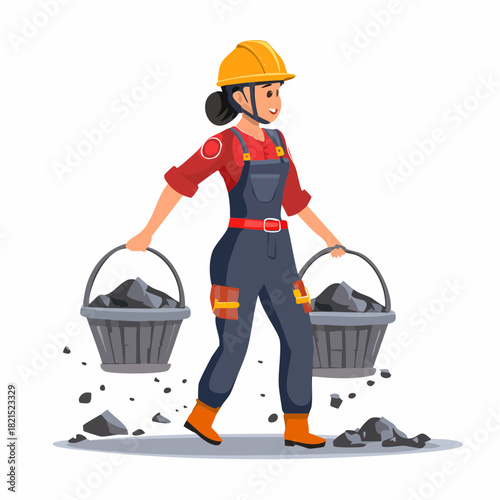 Smiling female miner carrying buckets of coal in underground mine, showcasing hard work and determination in challenging industrial environment.