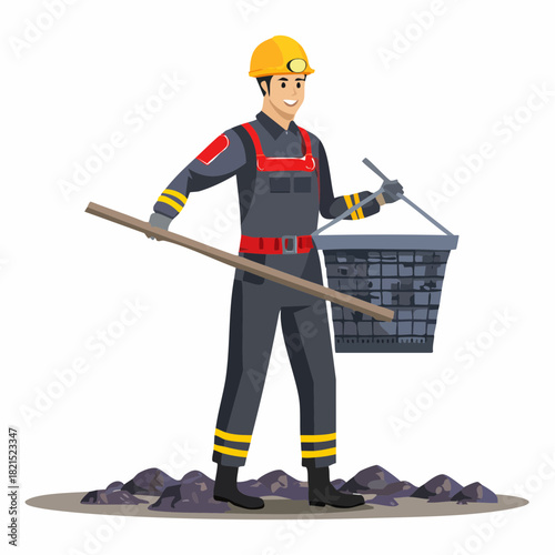 Smiling coal miner working with tools in underground mine, wearing helmet and uniform, showcasing hard work and dedication in challenging environment.