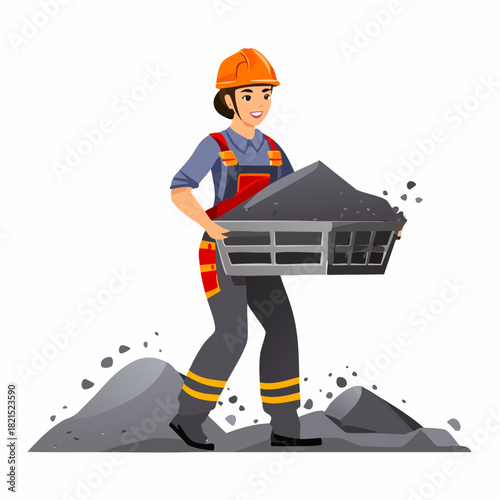 Smiling female worker carrying coal in basket at mine site with determination and strength, showcasing the hard work and dedication in the industry.