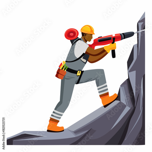Miner drilling into rock face with jackhammer in underground mine, showcasing hard work and industrial labor in challenging environment.
