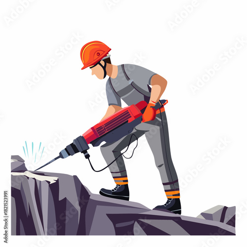 Construction worker using jackhammer to break rock in quarry, wearing hard hat and safety gear, showcasing hard labor and industrial landscape.