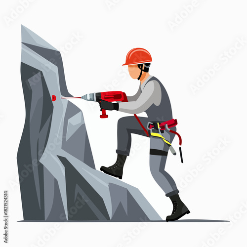 Construction worker drilling into rock face with heavy machinery on a construction site, showcasing hard work and precision in a challenging environment.