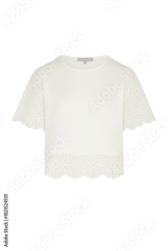Elegant cream cropped top with scalloped edges and short sleeves for a chic and feminine look