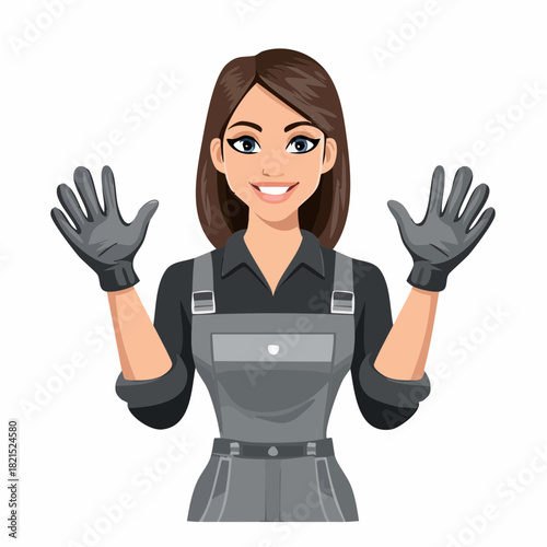Smiling female mechanic in gray overalls raising hands in a welcoming gesture, ready to assist with car repairs in a friendly and approachable manner.