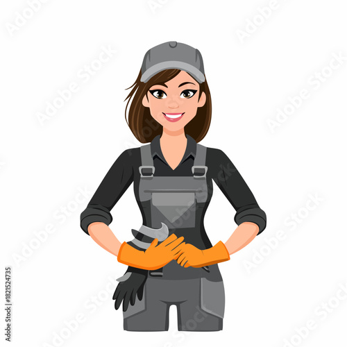 Smiling female mechanic in gray overalls standing confidently in a bright workshop, ready to tackle any repair with a positive and professional attitude.
