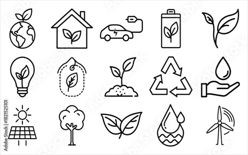 Hand drawn icons representing environmental protection and sustainability concepts