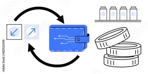 Wallet with circuit lines, arrow-filled buttons, stacked coins, and jars. Ideal for finance, e-commerce, cryptocurrency, payment systems data exchange investment fintech innovation. Simple flat