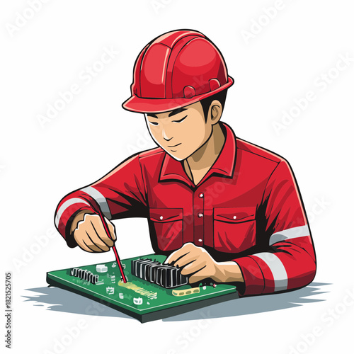 Engineer repairing complex circuit board with precision tools in a modern laboratory, showcasing technological expertise and meticulous attention to detail.