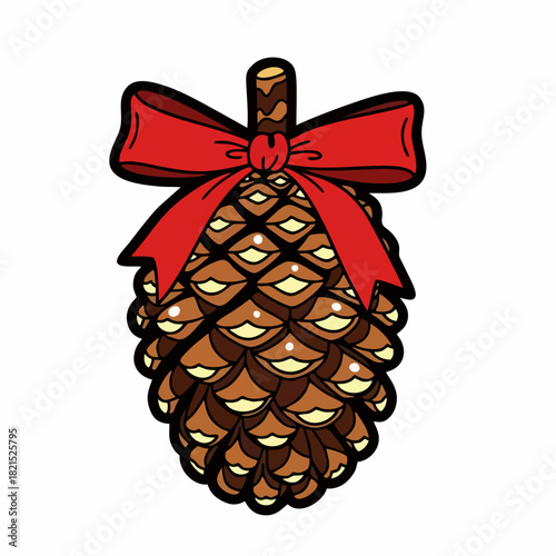 A festive red bow adorning a detailed pine cone, perfect for holiday or nature-themed designs