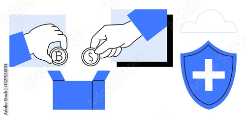 Hands depositing dollar and bitcoin coins into box, shield symbolizing protection, cloud for technology. Ideal for donations, finance, security, cryptocurrency, crowdfunding, savings digital safety