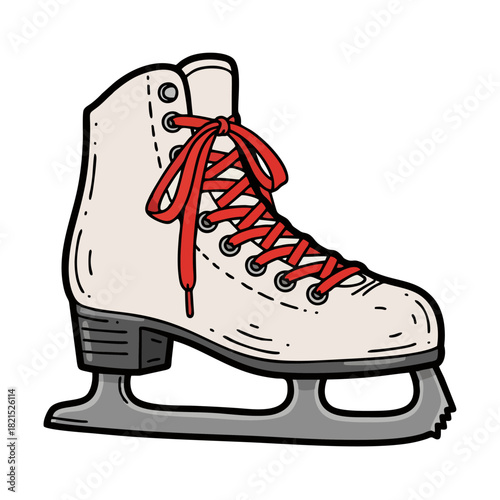 Vibrant white ice skate featuring striking red laces, designed for graceful winter sports activities and recreational skating. An isolated illustration depicting classic footwear for the ice rink