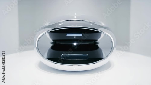 Sleek futuristic device isolated on white background, featuring a chrome frame and black interior components