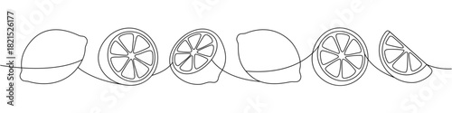 Continuous line lemon drawing. Minimal outline of sliced and whole citrus fruits in elegant single-line art