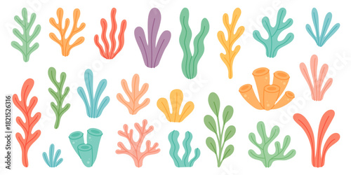 Cartoon coral and seaweed collection in flat style. Colorful underwater plants for marine and ocean-themed designs