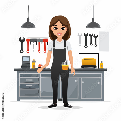 Smiling female mechanic standing in her workshop, holding a small part, surrounded by tools and equipment, radiating competence and professionalism.