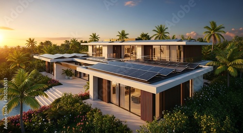 Luxury villa with integrated solar roof tiles and tropical greenery, warm golden-hour light, architecture photography for premium eco-lifestyle branding