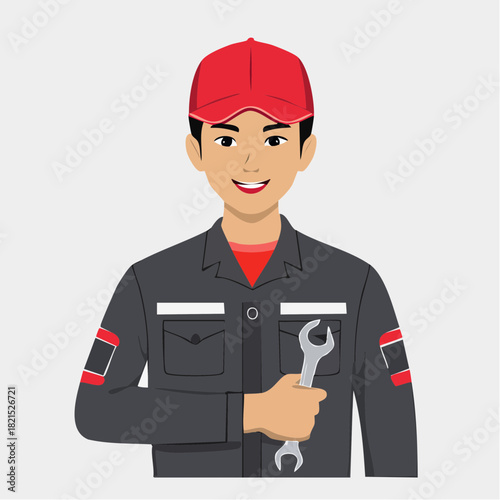 Smiling mechanic in gray uniform holding wrench in repair shop offering professional service with friendly and reliable demeanor.